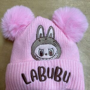 Pink Labubu Beanie with Pom Poms